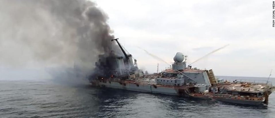 Russia's guided-missile cruiser Moskva after being hit by Neptune anti-ship missiles